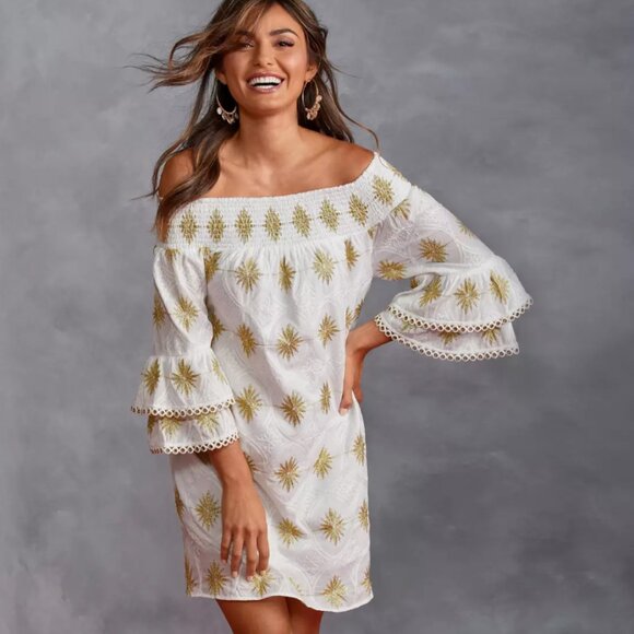 Boston Proper Dresses & Skirts - BOSTON PROPER Metallic Detail Off-The-Shoulder Dress 100% Cotton SZ M